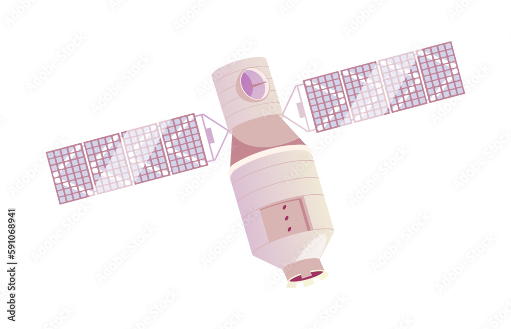 Space satellite for collecting data around planet. Isolated spaceship, galaxy exploration and univer