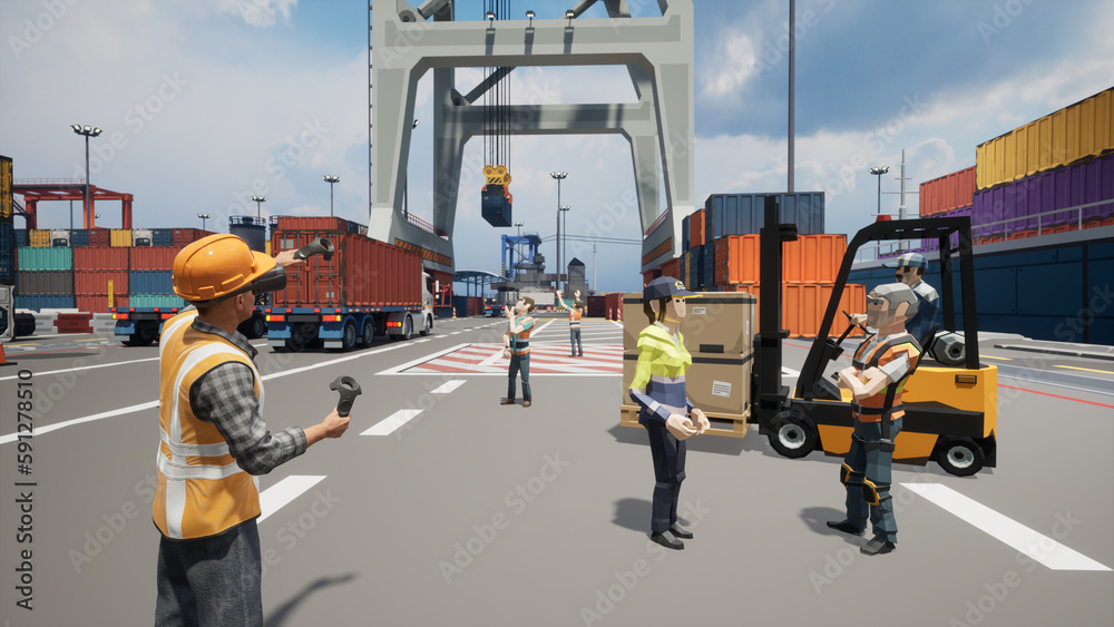 Metaverse avatars of people training on logistics platform in virtual world, 3d render 