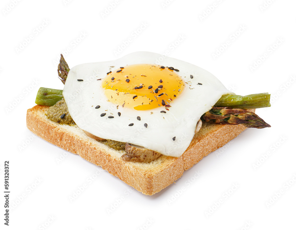 Delicious sandwich with fried egg and asparagus on white background