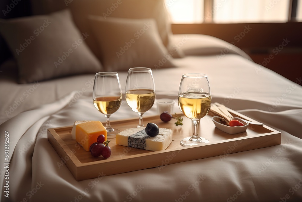  two glasses of wine and cheese on a tray on a bed with a window in the backgrounge of the room behi