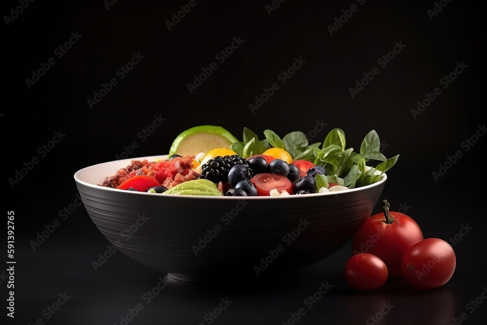  a bowl of mixed fruits and vegetables on a black background with a tomato and avocado on the side o
