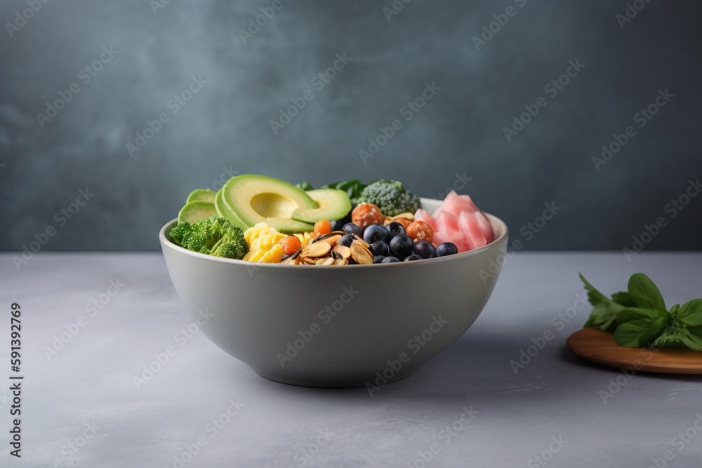  a white bowl filled with lots of different types of food next to a cutting board with a green leaf 