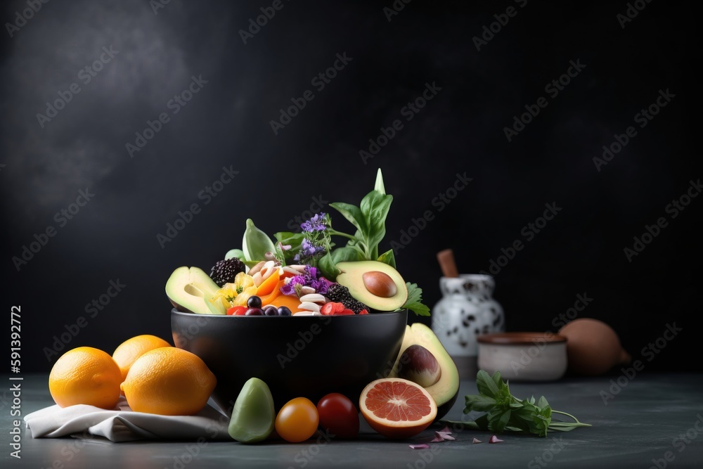  a bowl of fruit and vegetables on a table with a teapot and a vase of flowers in the background and