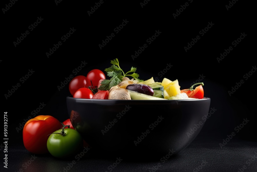  a black bowl filled with lots of different types of vegetables on top of a black tablecloth next to