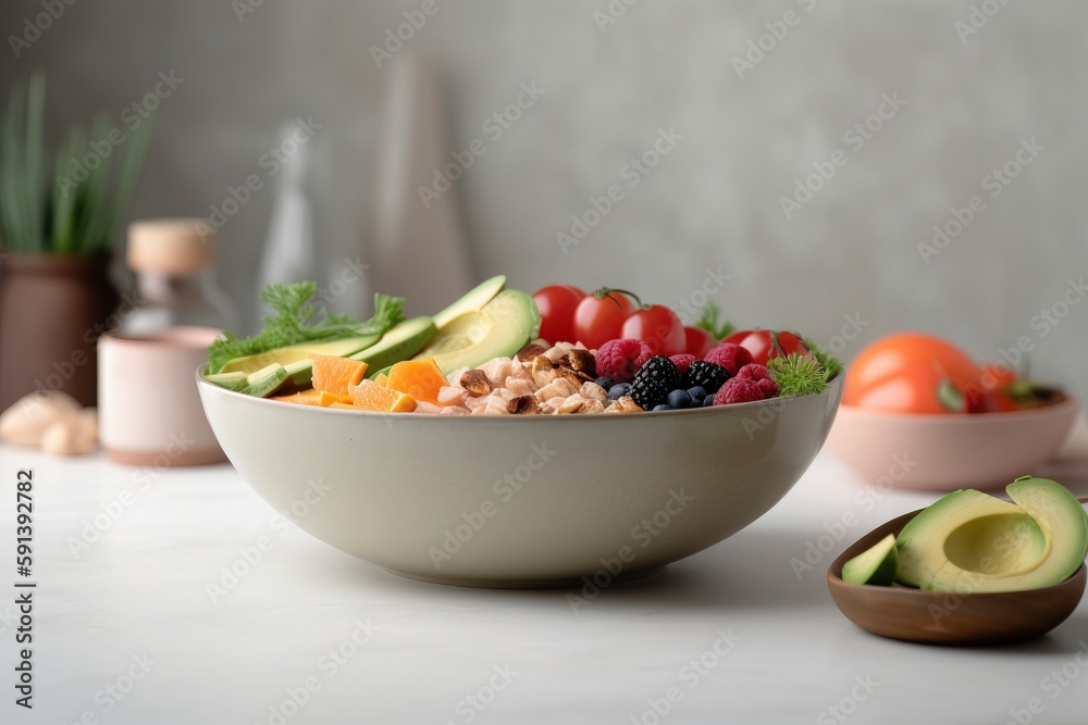  a bowl of fruit and vegetables on a table with a bowl of avocado and a bowl of strawberries on the 