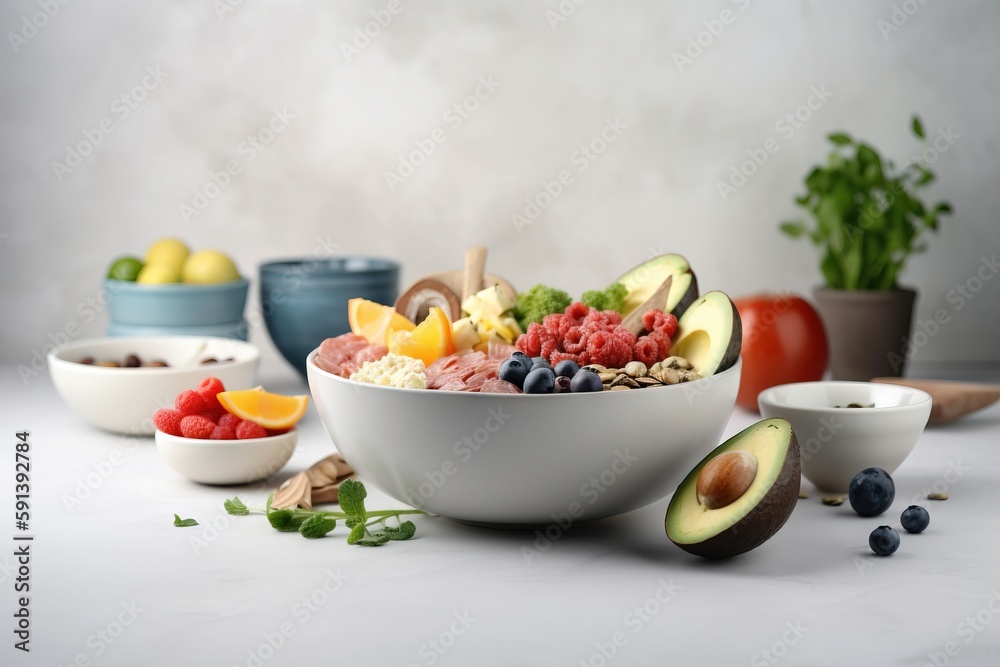  a white bowl filled with fruit and veggies next to other bowls of fruit and vegetables on a white t