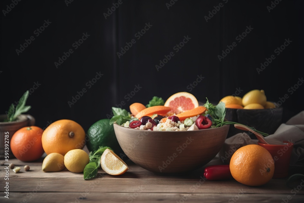  a bowl of salad surrounded by oranges and other fruits on a wooden table with a black background an