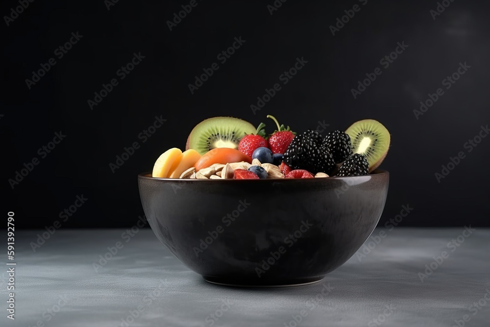  a black bowl filled with lots of different types of fruit on top of a table next to a black wall wi