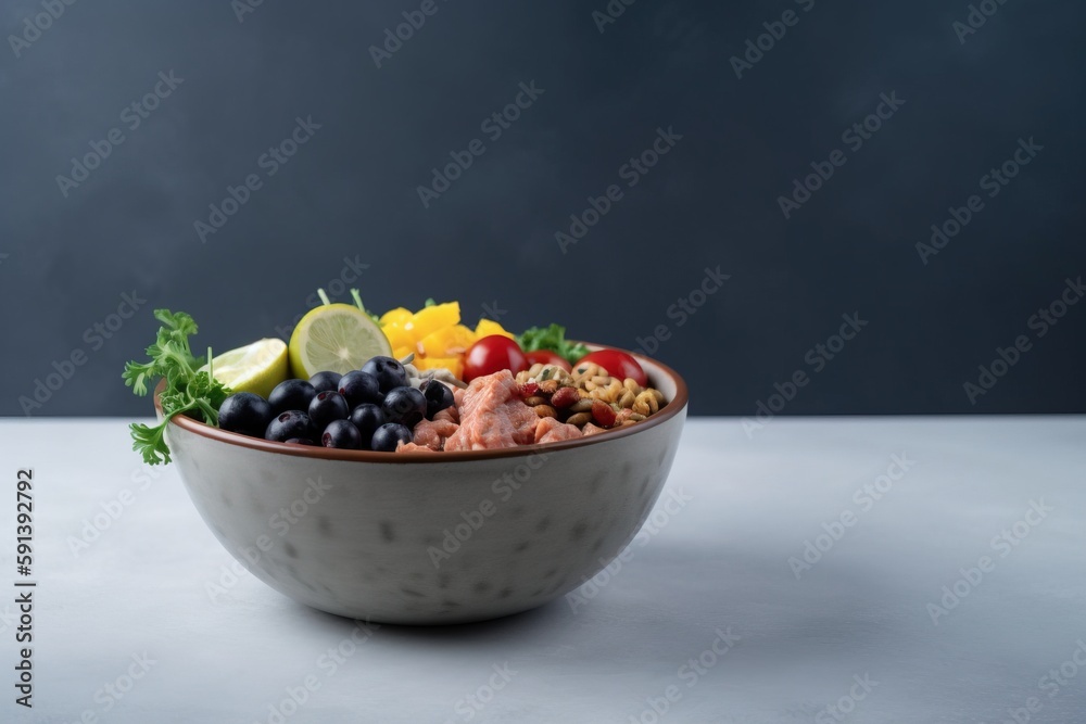  a white bowl filled with lots of different types of vegetables and meat on top of a white table top