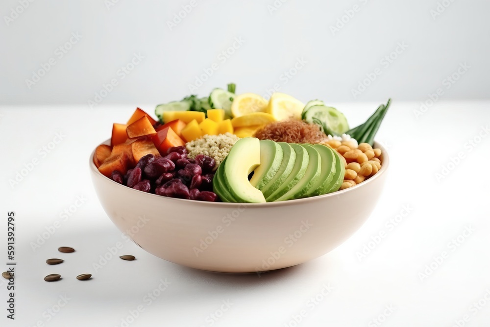  a white bowl filled with assorted fruits and veggies on top of a white table next to a pile of seed