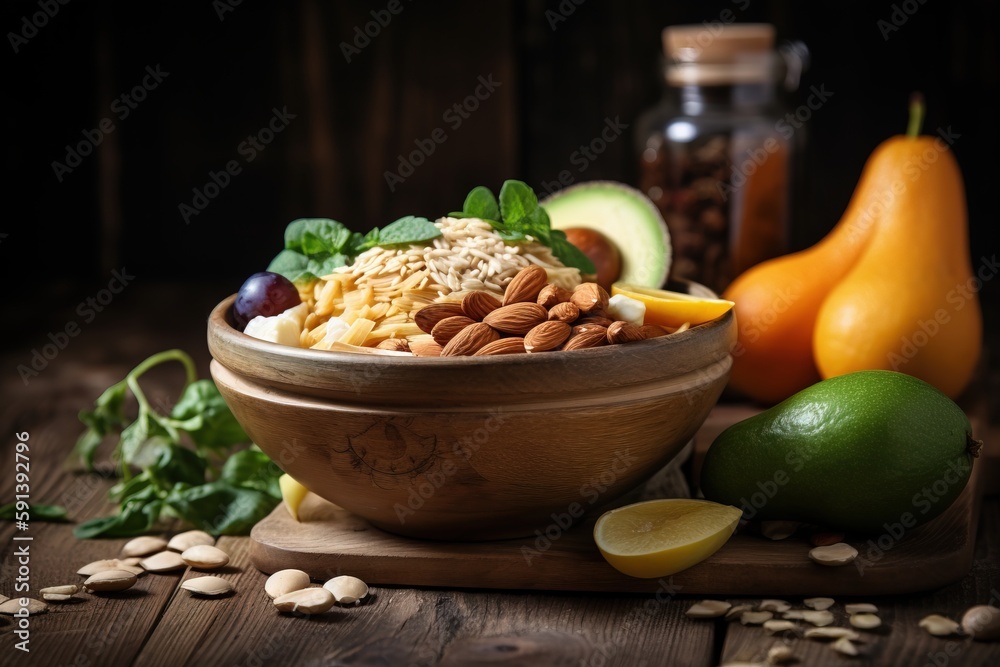  a bowl of cereal, nuts, avocado, lemon, and other foodstuffs on a wooden table with a jar of peanut