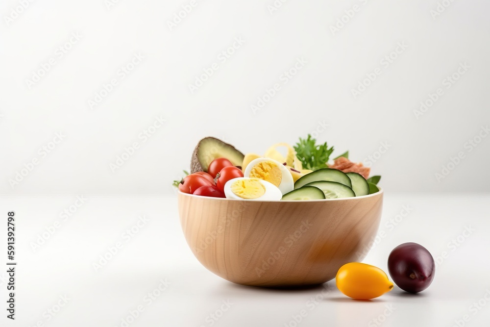  a wooden bowl filled with different types of vegetables next to an eggplant and an eggplant on a wh