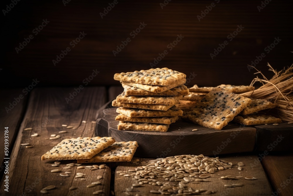  a pile of crackers sitting on top of a wooden table next to a pile of oatmeal on top of a table.  g