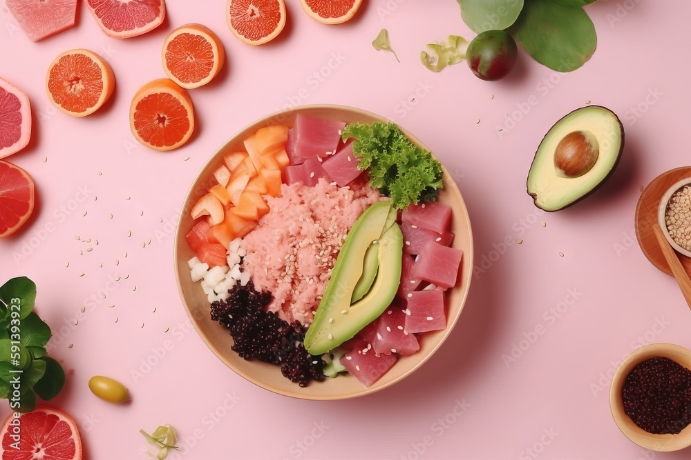  a plate of food with meat, avocado, grapefruit, grapefruit, and grapefruit slices on a pink backgro