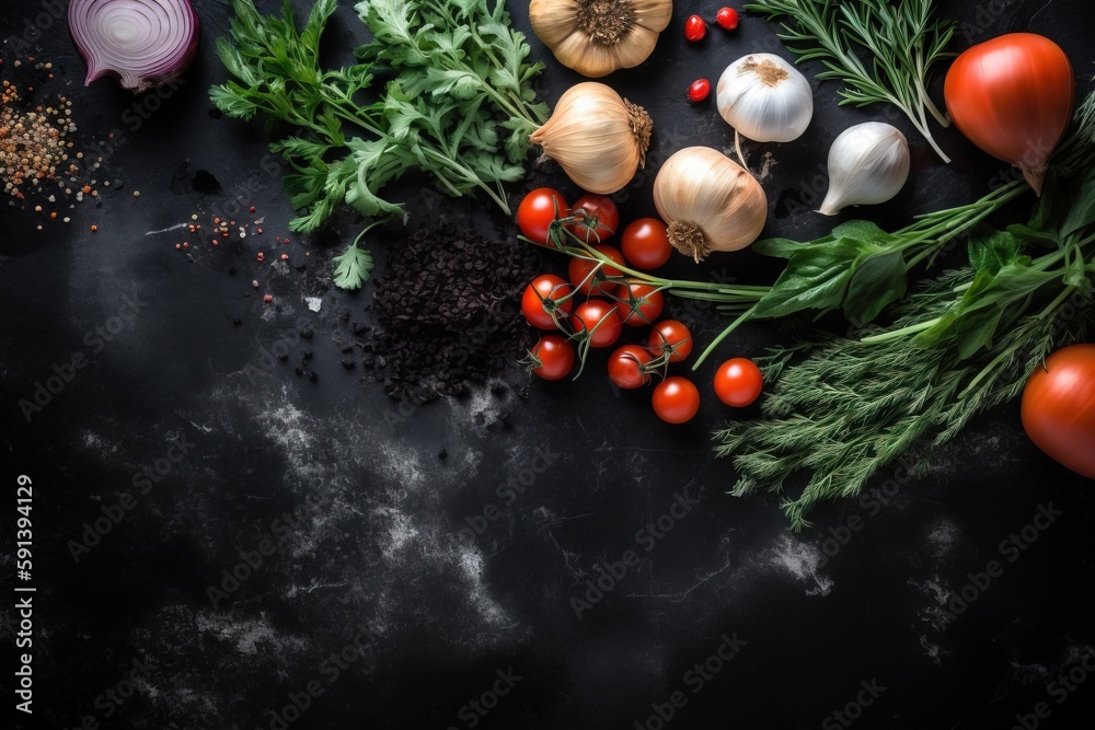  a bunch of vegetables are laying on a table top with a black background and a few red onions, tomat