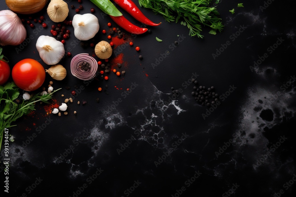  a table topped with lots of different types of vegetables and spices on top of a black table top ne