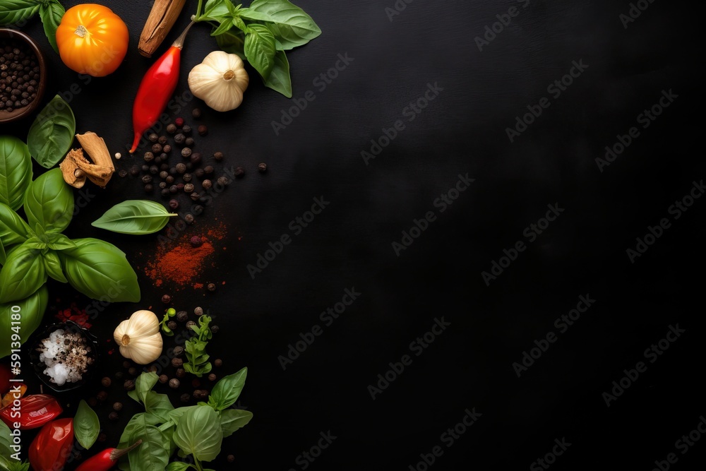  a black surface with various vegetables and spices on it, including peppers, basil, garlic, pepper,