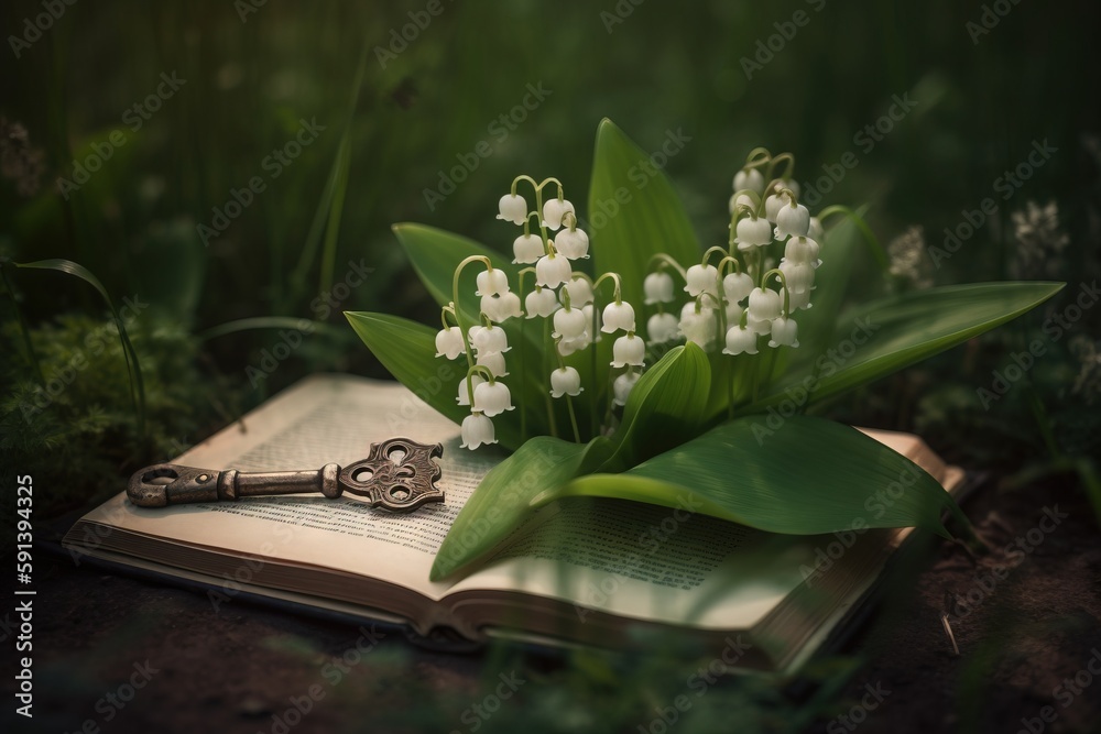  a book with a bunch of flowers on top of it and a key laying on top of the book in front of the boo
