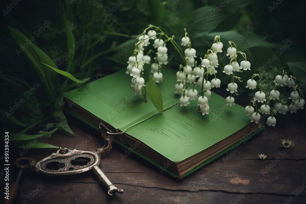  a book with a bunch of white flowers on top of it next to a pair of keys on a wooden table with gre