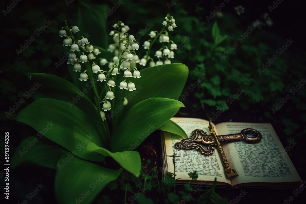  a book with a key on it and a bouquet of flowers in the background with a book open to the side of 