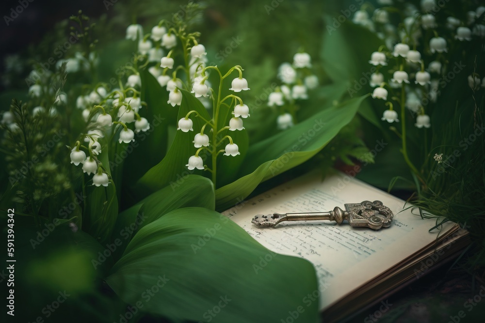  a key laying on top of a book with lily of the valley flowers in the background and a bunch of gree