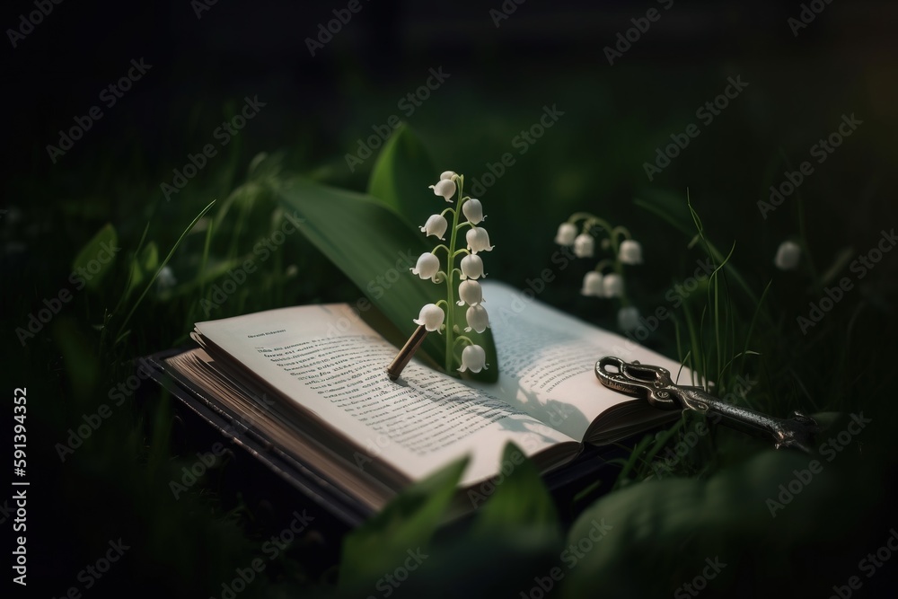  a book with a bunch of flowers on top of it and a pair of scissors laying on top of it next to a fl