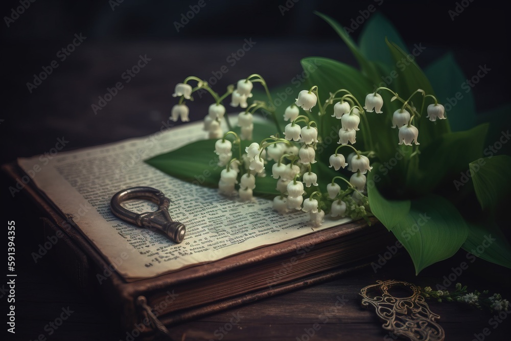  a bunch of flowers sitting on top of an open book next to a pair of scissors on top of a book with 