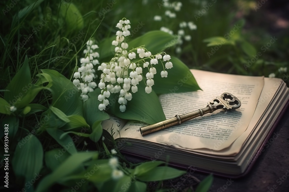  an open book with a key on top of it sitting in the grass next to a plant with white flowers on top