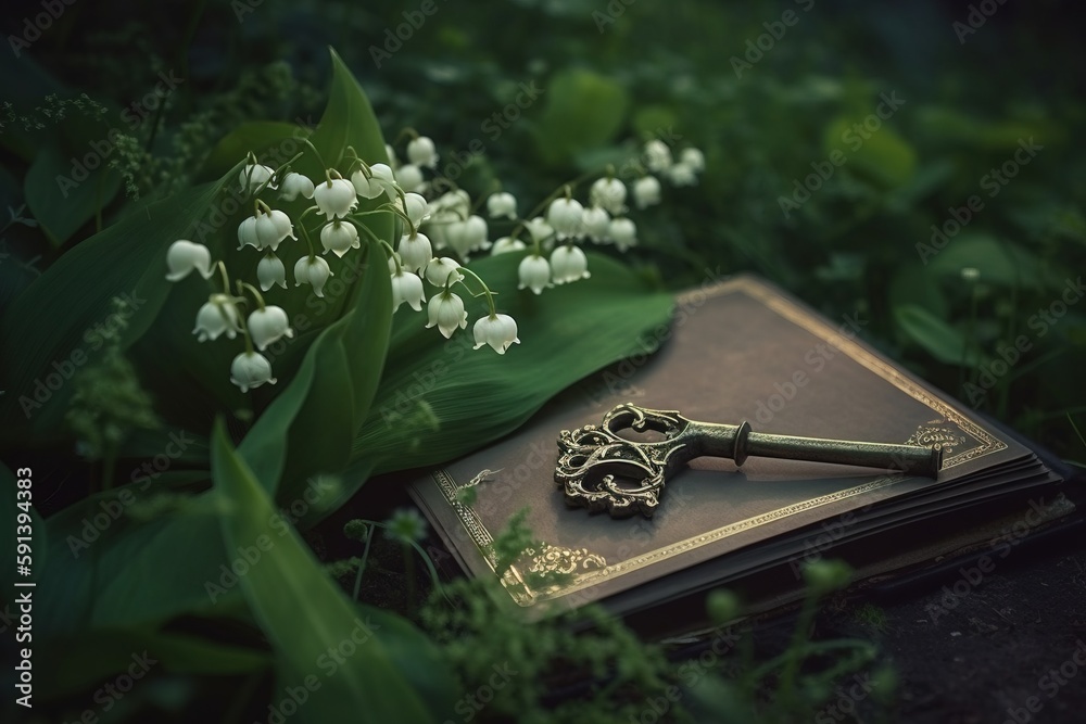  a book with a key on top of it sitting in the middle of a field of lily of the valley flowers and a