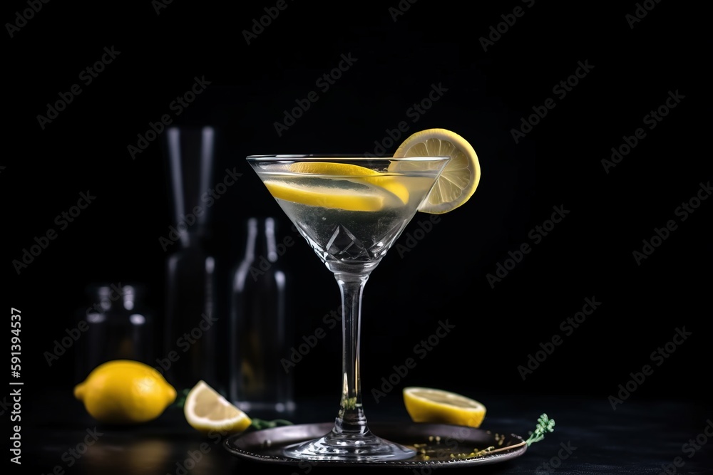  a glass filled with a drink with lemon slices on the rim and a bottle of wine in the back ground wi