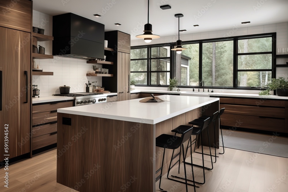  a large kitchen with a center island and bar stools in front of a window with a view of the woods o
