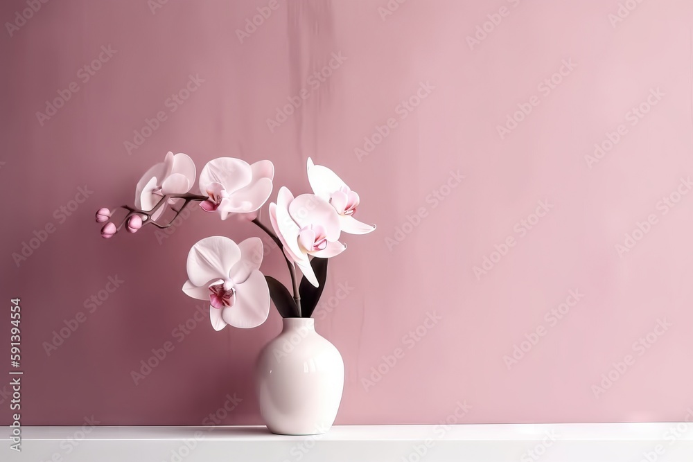  a white vase filled with pink flowers on top of a white shelf next to a pink wall and a pink wall b