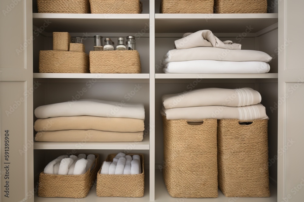  a closet with linens, towels, and other items in baskets on the shelves and on the shelves are fold