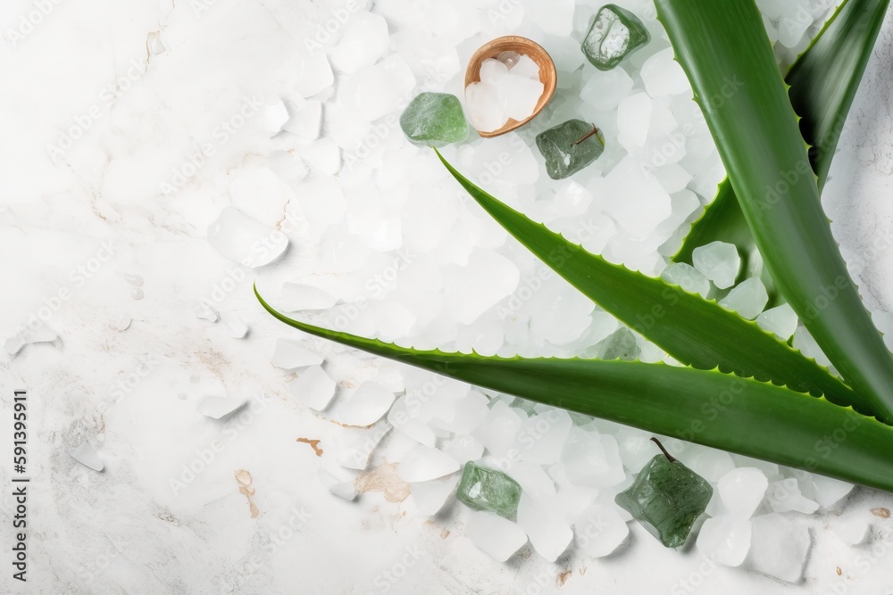  aloea leaves and sea glass on a white marble surface with a ring on top of it and sea glass on the 