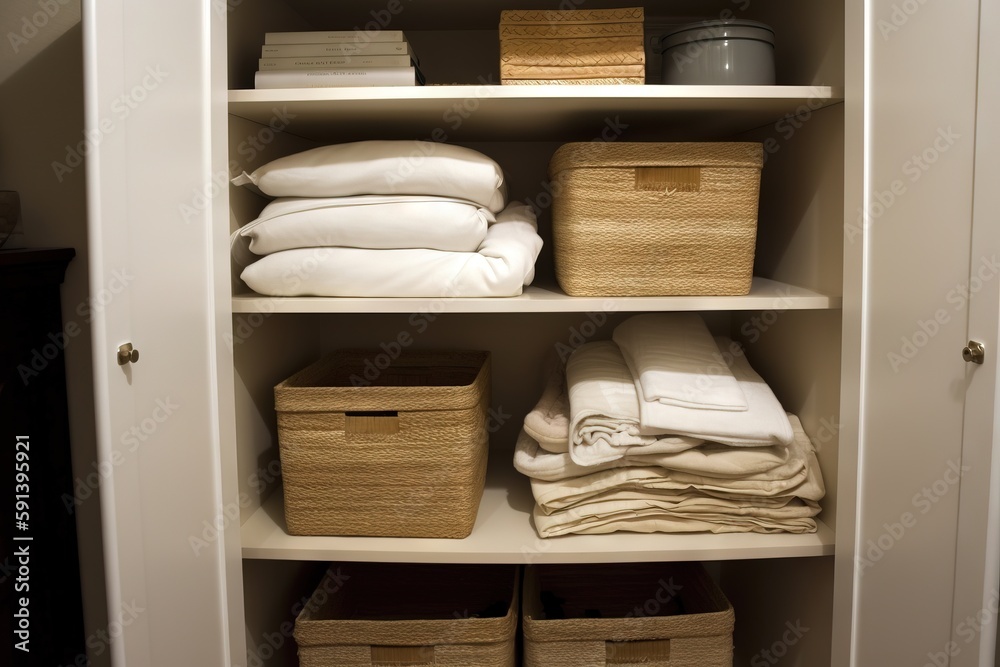  a white closet with baskets and towels on shelves and folded towels on top of the shelves and folde