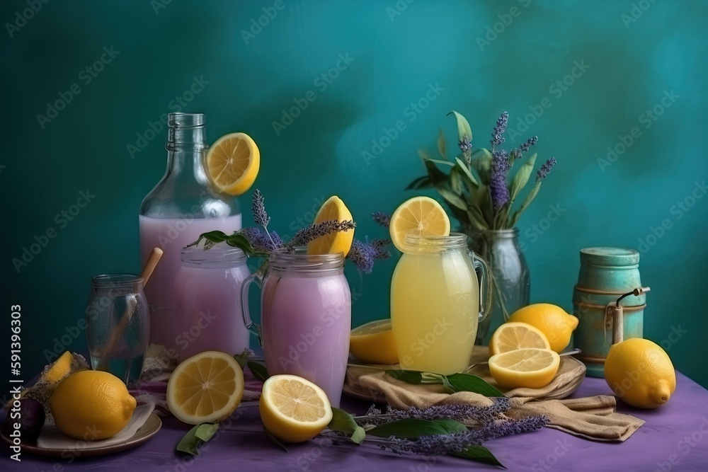  a table topped with jars filled with lemons and lavenders next to lemons and lavenders on a cloth c