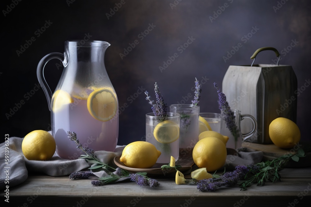  a still life of lemons, lavender and a pitcher of lemonade on a table with a cloth and a bag of lav