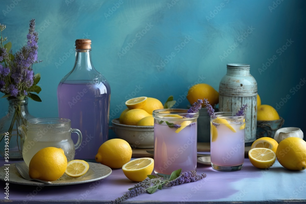  a table topped with lemons and a pitcher of water next to a plate of lemons and a pitcher of lavend