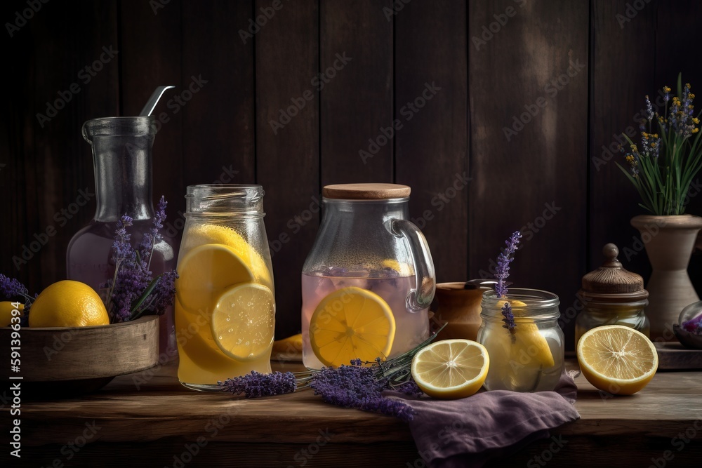  a table topped with jars filled with lemons and lavenders next to a bowl of lemons and a pitcher of