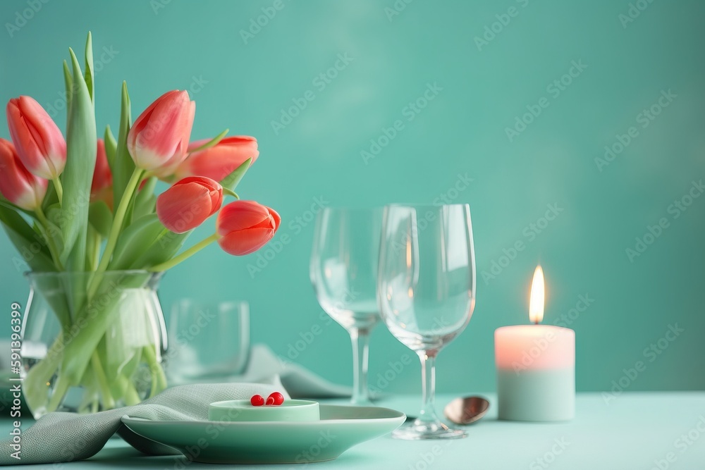  a vase of tulips and a candle on a table with a plate and glassware on the table and a candle on th