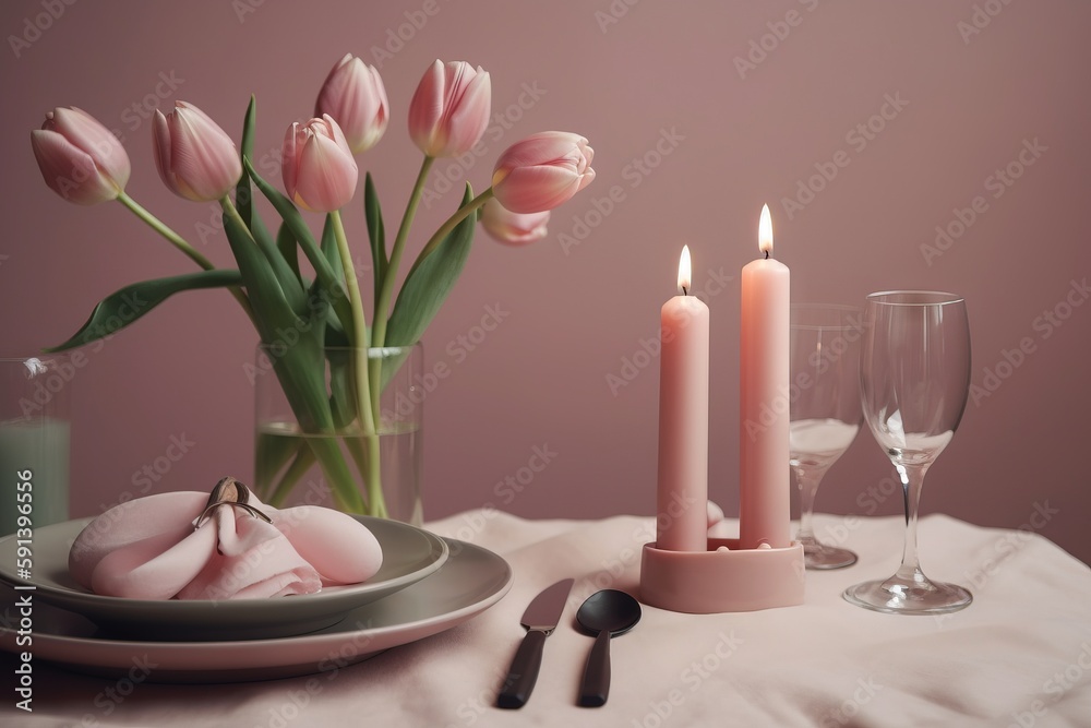  a table topped with a vase filled with pink tulips next to a plate of food and a candle and a wine 