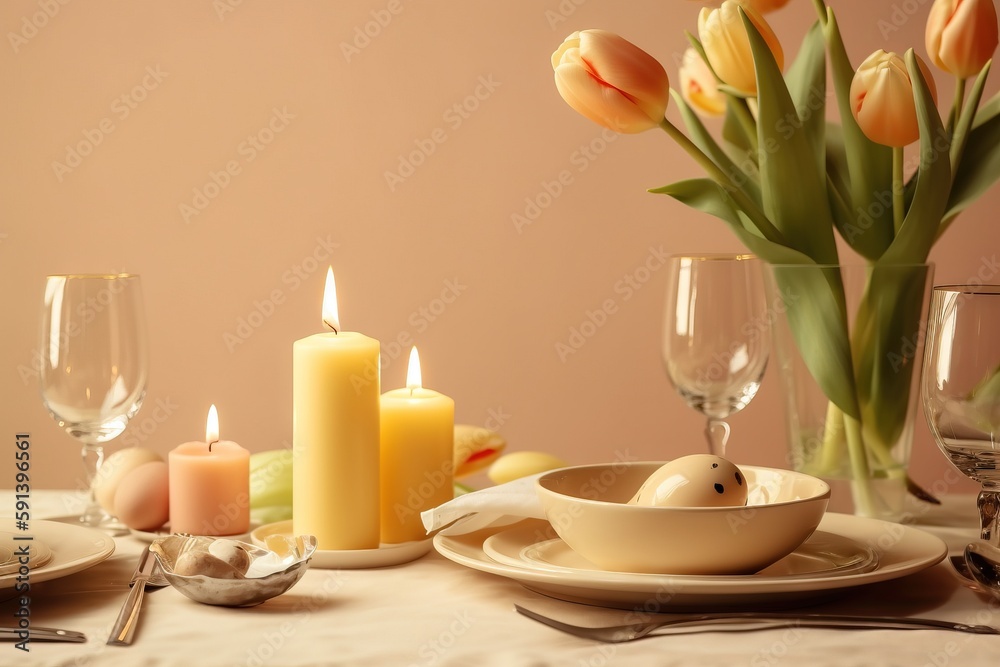  a table set with a bowl of food and a vase of tulips with candles on it and a plate with a bowl of 