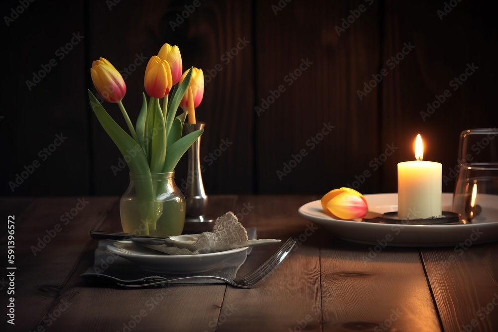  a table with a candle and a vase with flowers in it and a plate with a candle on it and a glass vas