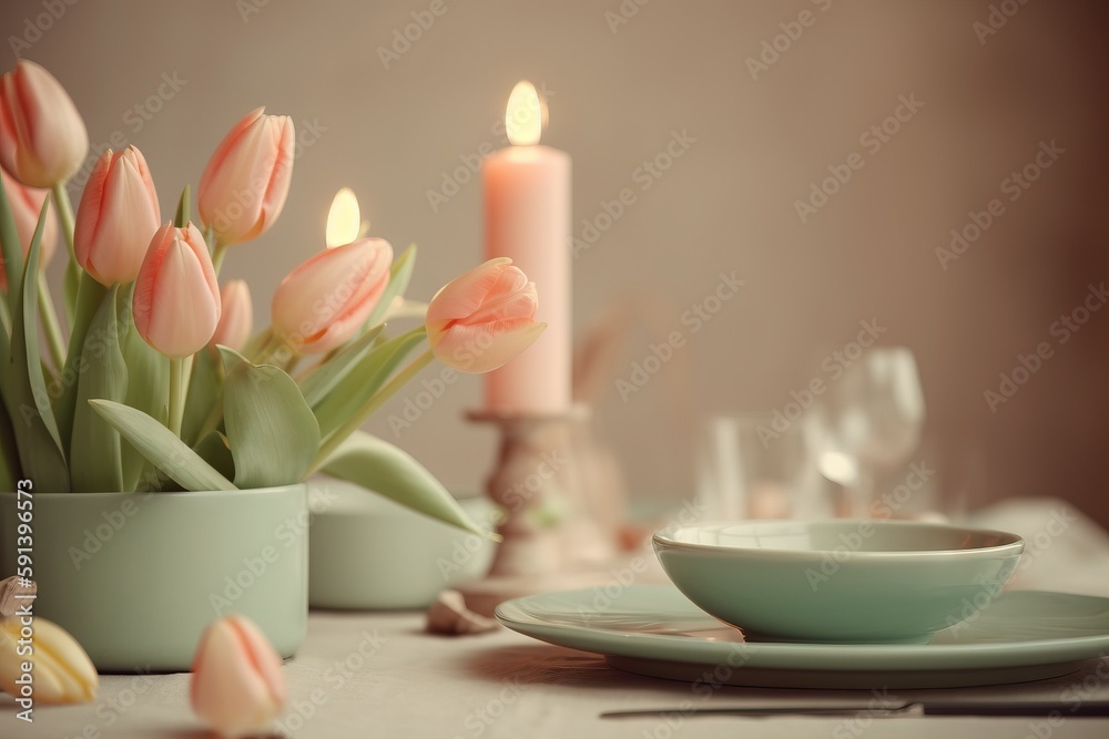  a table topped with a bowl of flowers and a plate with a candle in it next to a cup and saucer with