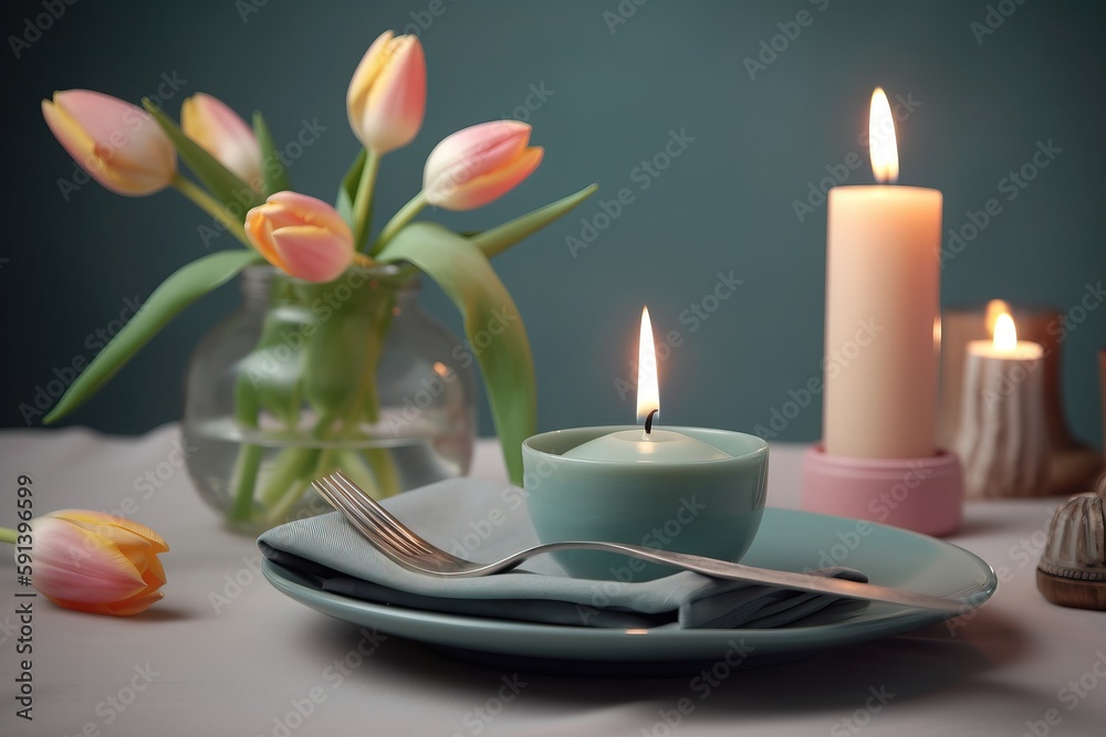  a plate with a fork and a cup on it next to a vase with flowers and candles on a table with a vase 