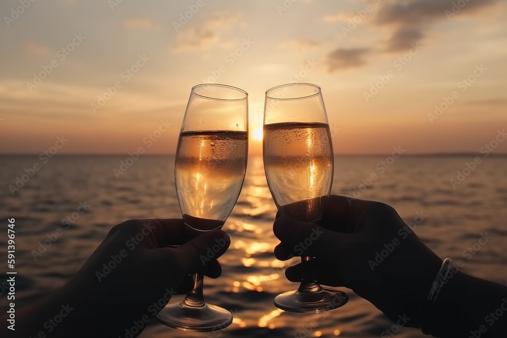  a couple of people holding up glasses of wine on a boat in the ocean at sunset or sunset time with 