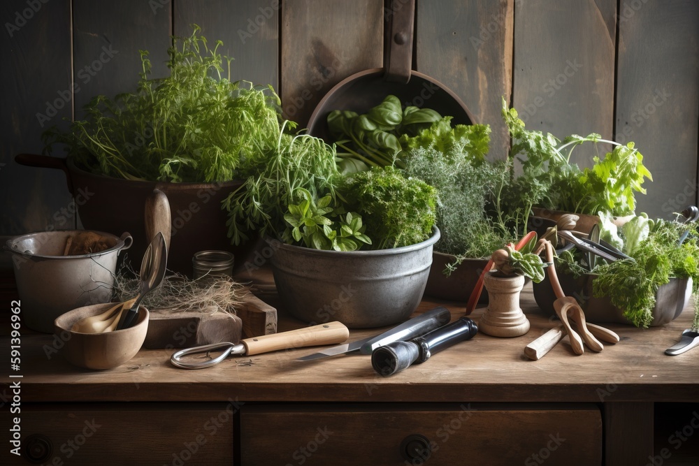  a bunch of plants that are sitting on a wooden table with gardening utensils and a garden tool on t