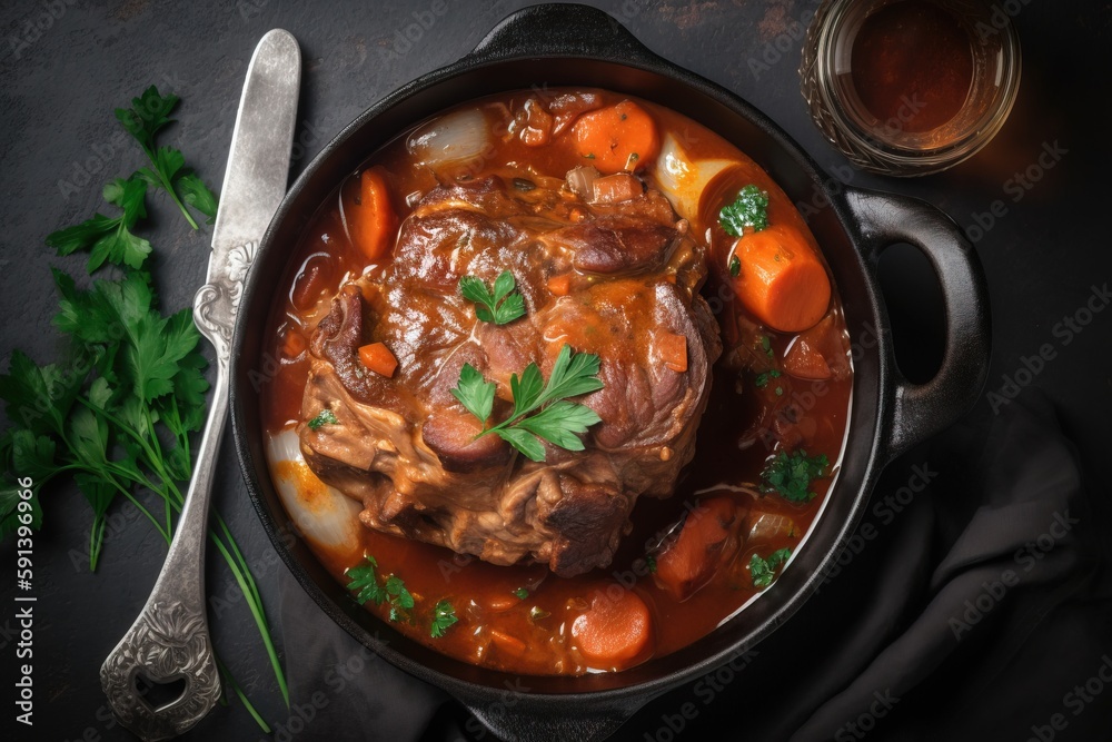  a pot of stew with carrots, meat, and parsley on a black surface with a spoon and a glass of wine o