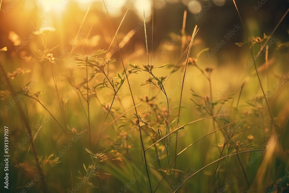  a close up of a field of grass with the sun shining through the trees in the background and a blurr
