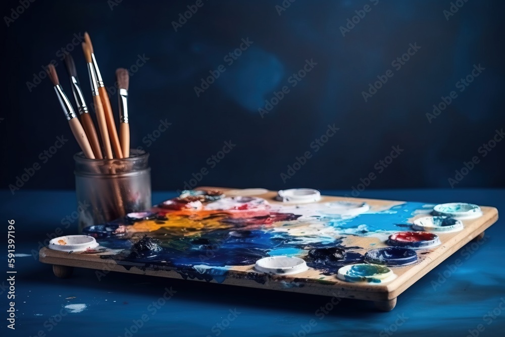  a wooden tray with paint and brushes in it on a blue tablecloth with smoke in the background and a 